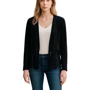 Aqua 100% Leather Women’s Black Fringe Boho Western Jacket